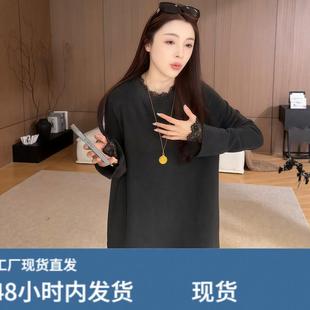 法式蕾丝花边拼接洋装女2025新款冬天配大衣的裙子中长版T恤裙
