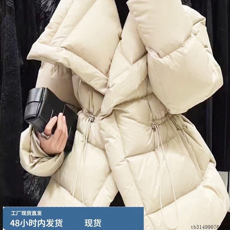 韩版高级时尚百搭廓形口袋抽绳翻领白鸭绒羽绒服外套2025年秋冬女