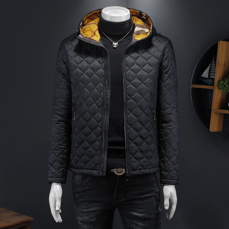 2025秋冬男士菱格轻薄款修身连帽棉衣外套棉服6015-9906-P135卡其,男装棉衣,钱塘6015（原D203）
