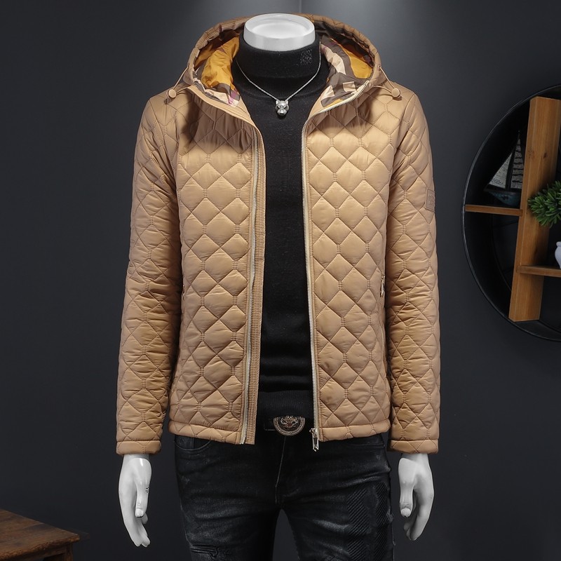 2025秋冬男士菱格轻薄款修身连帽棉衣外套棉服6015-9906-P135卡其图片