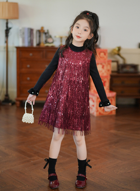 53423M女童连衣裙红色流苏亮片背心裙生日礼服高级感儿童公主裙子