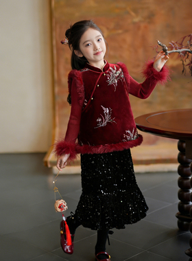 80923女童汉服新中式拜年服旗袍马甲25年冬季红色喜庆过年服背心