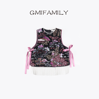 80945女童新中式马甲汉服亮片刺绣蝴蝶结唐装冬季款国风儿童背心