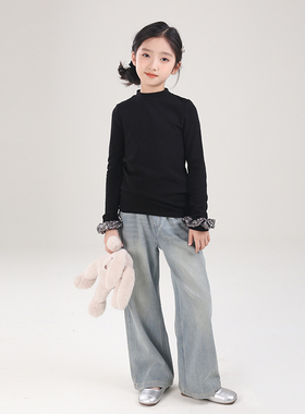 53387M女童洋气长袖T恤圆领百搭打底衫2025秋季新款儿童百搭上衣