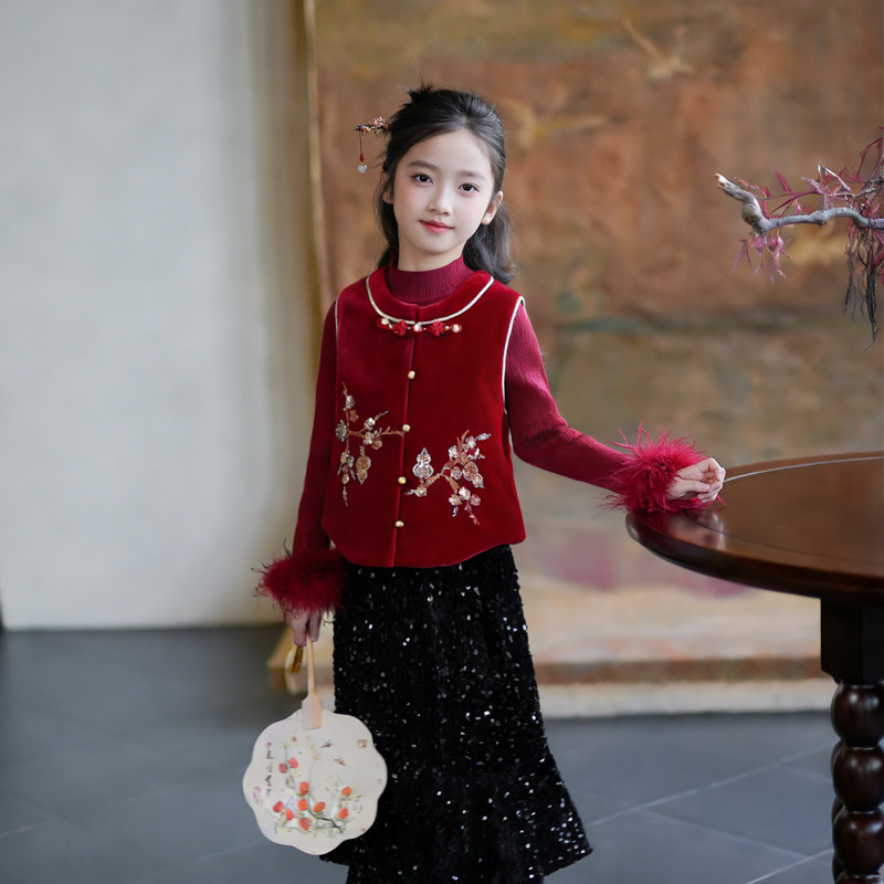 80975女童汉服丝绒亮片马甲新中式冬装2026新年款喜庆中国风背心,童装/婴儿装/亲子装,汉服,淘宝优惠券,粉丝福利购,淘宝优惠卷