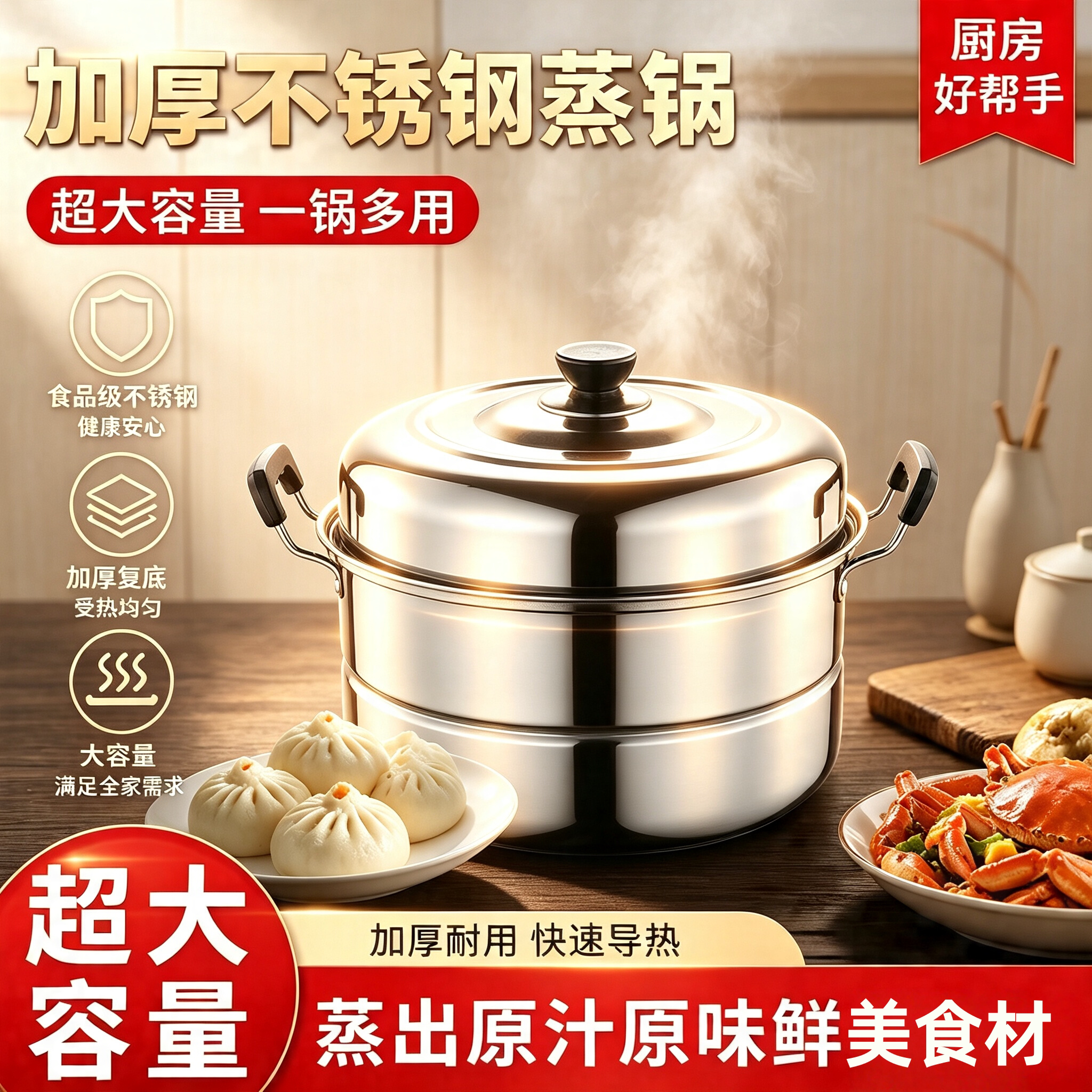 不锈钢加厚两层一锅多用蒸锅兼用家用大容量电磁炉煤气灶蒸馍厚实