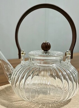 空盒子高硼硅玻璃提梁壶 耐高温竖纹南瓜茶壶 家用煮茶泡茶壶 花