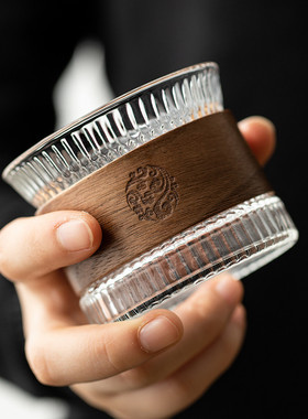 空盒子带木圈竖纹高硼硅玻璃品茗杯家用隔热泡茶杯个人功夫主人杯