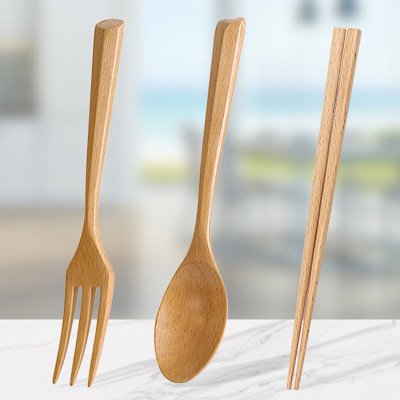 Direct approval creative triangular handle spoon fork chopsticks three piece set solid wood soup spoon fork chopsticks