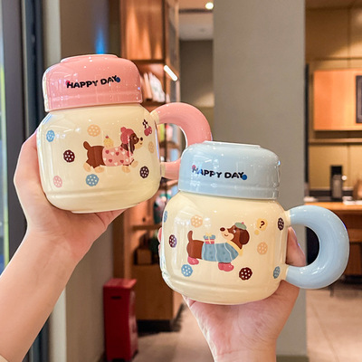 Super Cute Sausage Dog Water Bottle High Beauty Ceramic Mug with Lid Spoon Couple Coffee Cup Girl Birthday Gift
