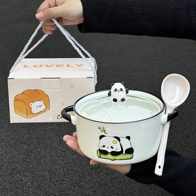 Cute Panda Instant Noodles Bowl with High Appearance, Ceramic Cover, Double Ear Soup Bowl, Student Dormitory Large Capa