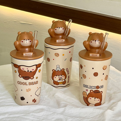 Cute retro teddy bear straw cup for girls, couple drinking cup, high-value ceramic mug with lid, birthday gift