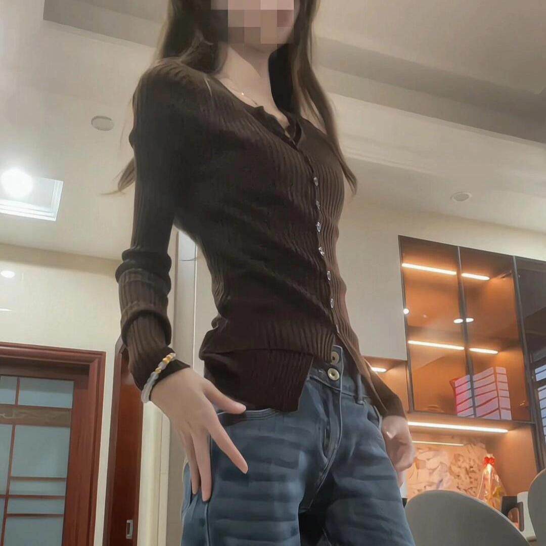 韩系chic咖色V领长袖针织开衫女修身百搭气质秋冬针织衫内搭上衣