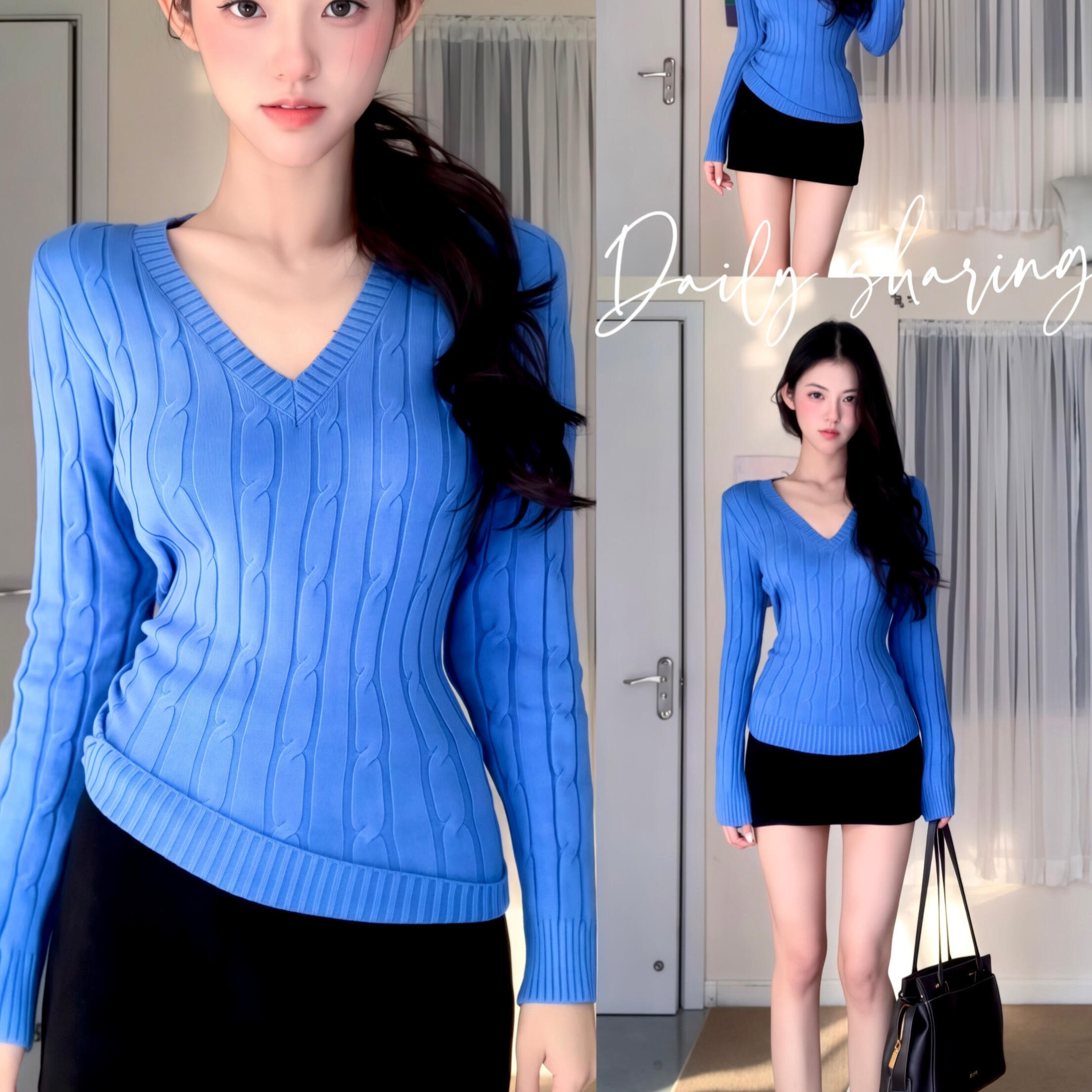 美式辣妹蓝色V领麻花毛衣女2025新款秋冬内搭打底针织衫长袖上衣