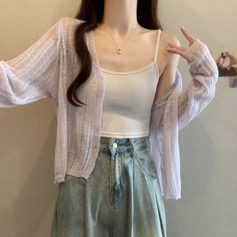 大码女装夏季绝美漂亮针织防晒开衫薄款胖mm吊带外搭镂空罩衫上衣