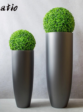 Spatio玻璃钢银灰色圆形落地大花瓶简约现代家居样板装饰花器摆件