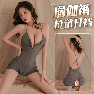 一拉到底性感冰丝吊带深V连体衣双向拉链开档瑜伽裤紧身弹力套装