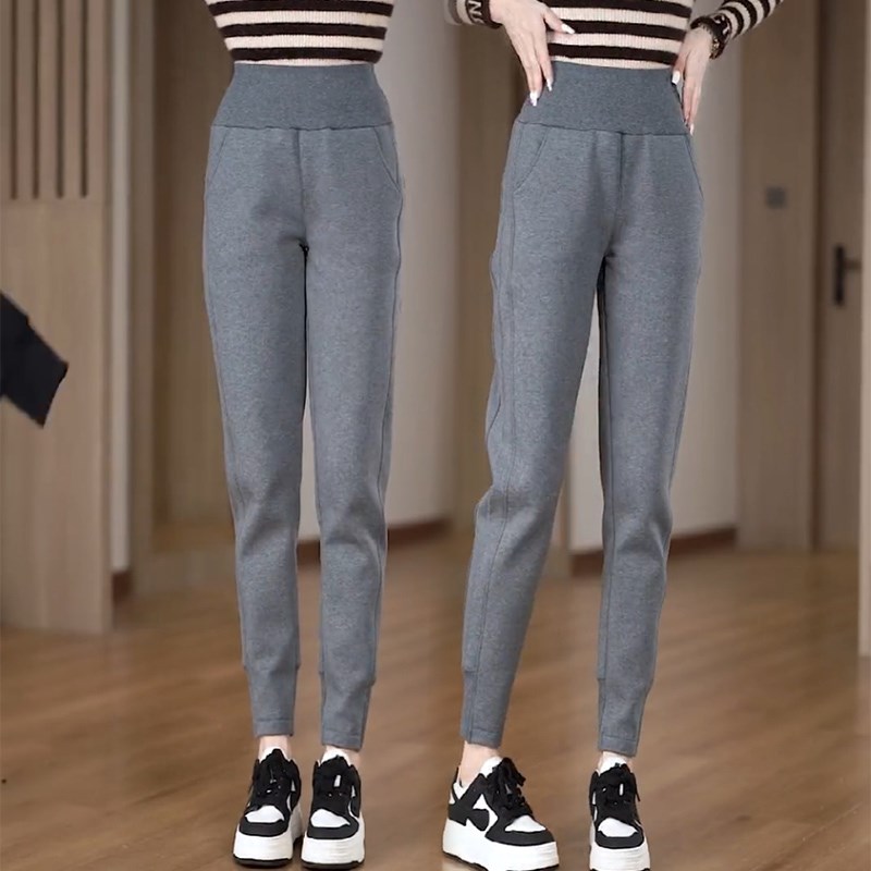 加绒加厚运动哈伦卫裤女2025春冬季新款松紧高腰弹力休闲束脚裤子