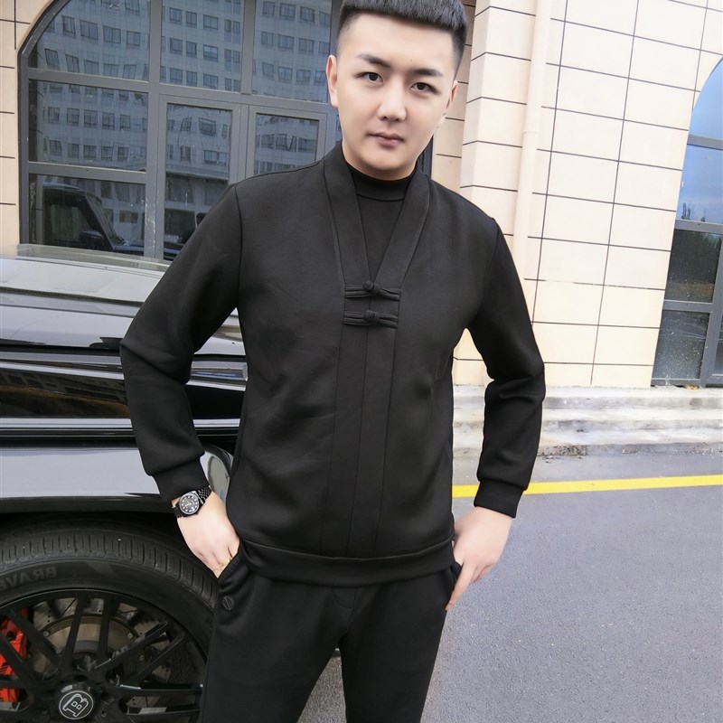 男士秋冬圆领假两件套头盘扣卫衣纯色新中式中国风打底小衫长袖潮