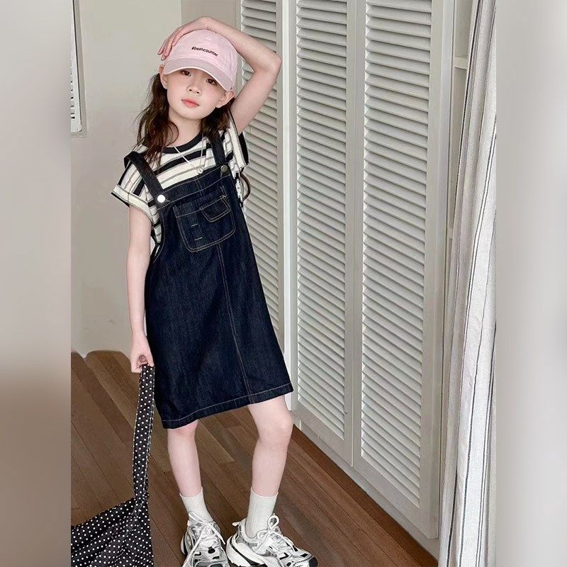 女童夏季牛仔背带裙套装短袖条纹2024夏季新款女孩夏装T恤背心裙t