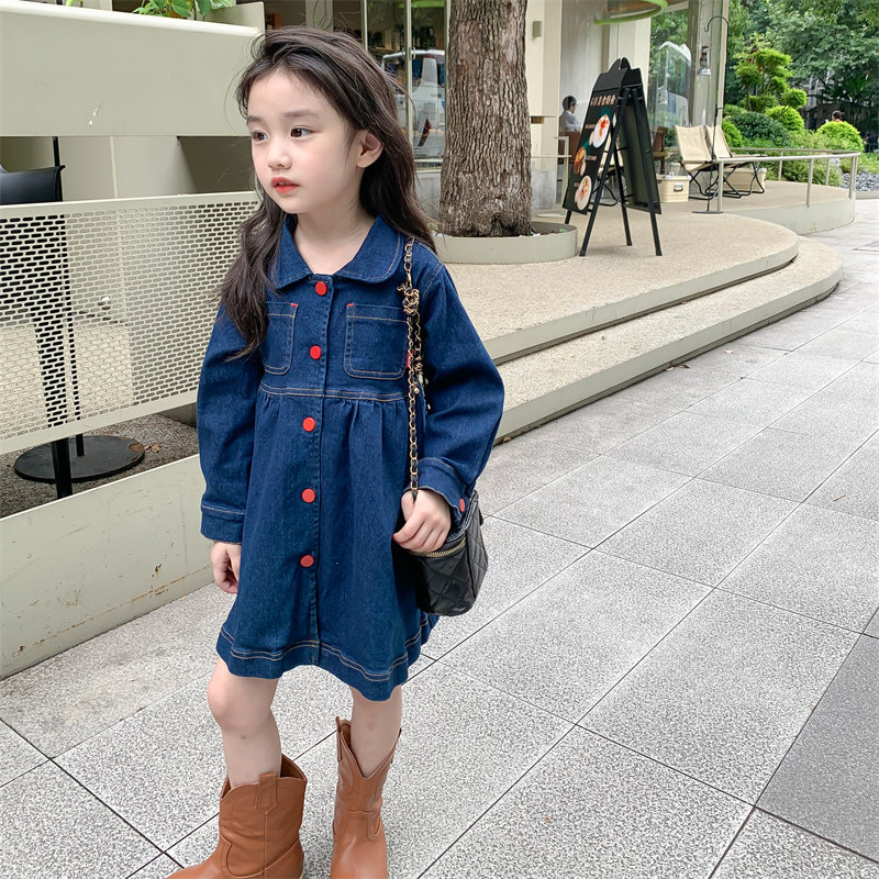 女童牛仔裙长袖韩版女小童洋装纯色儿童秋款裙子洋派公主裙秋装