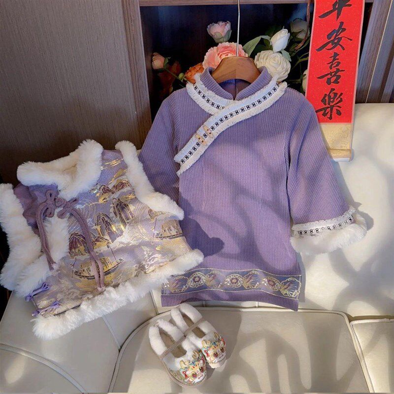女童冬季汉服套装2023新款洋气加绒加厚新中式旗袍女宝宝保暖唐装