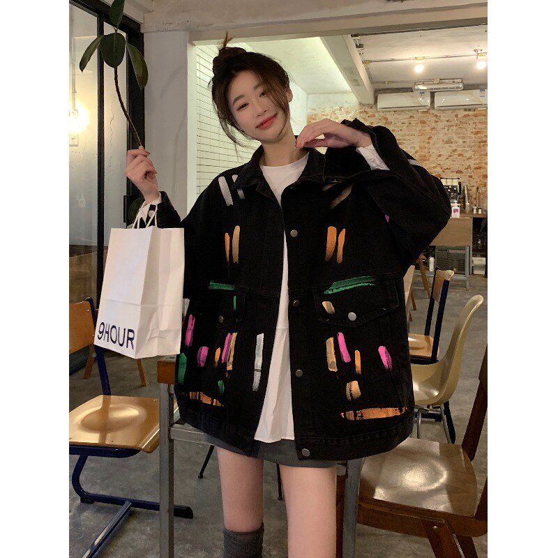 港风复古涂鸦牛仔外套女春秋新款大码胖MM宽松休闲百搭工装夹克潮