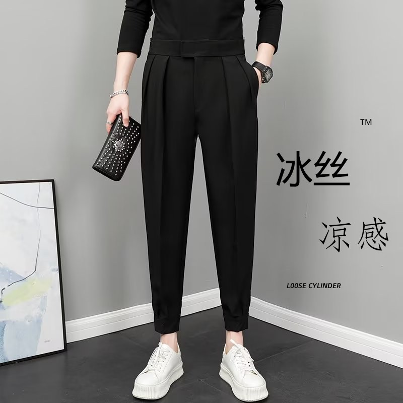 冰丝魔术贴束脚裤子男夏季九分西装裤韩休闲哈伦裤修身小脚西裤潮
