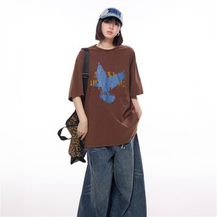美式复古印花t恤女短袖2025新款夏季潮牌情侣慵懒风宽松半袖上衣