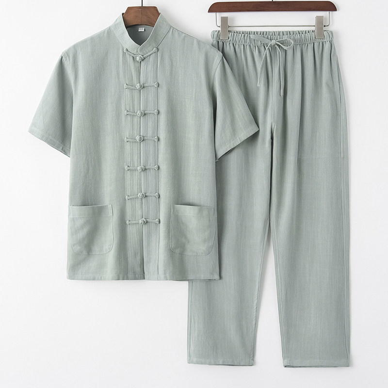 亚麻唐装男中老年短袖套装中式复古棉麻半袖国风男装汉服禅服茶服