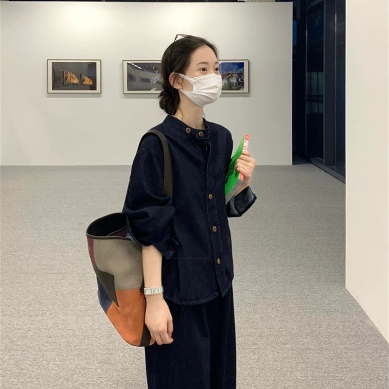 牛仔皮标经典开叉阔腿长裤上衣外套2023秋季新款大版型显瘦套装女