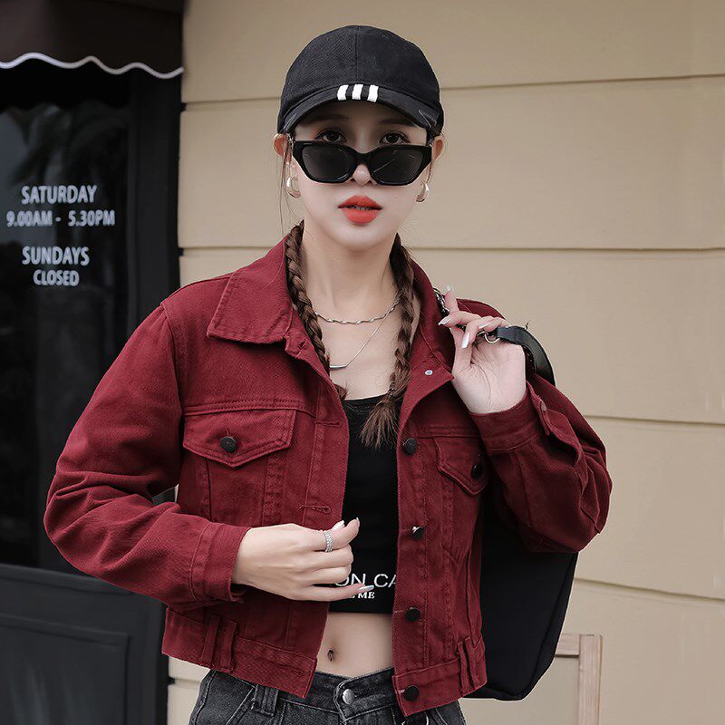 网红小个子酒红色牛仔外套女短款韩版春秋2024新款百搭夹克上衣潮