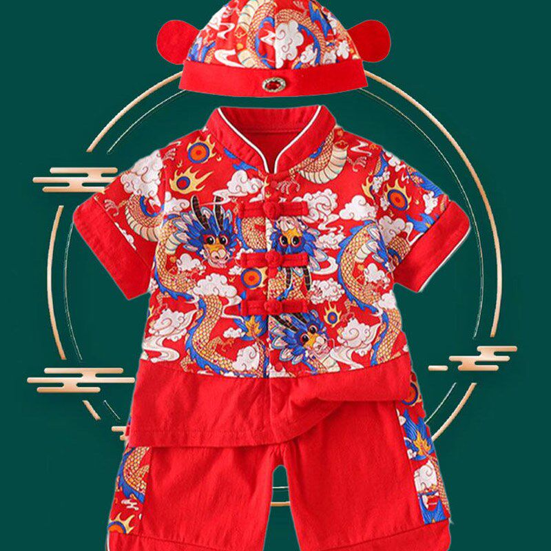 男宝宝抓周衣服夏季套装纯棉新中式唐装婴儿龙宝宝1周岁礼服冠衣