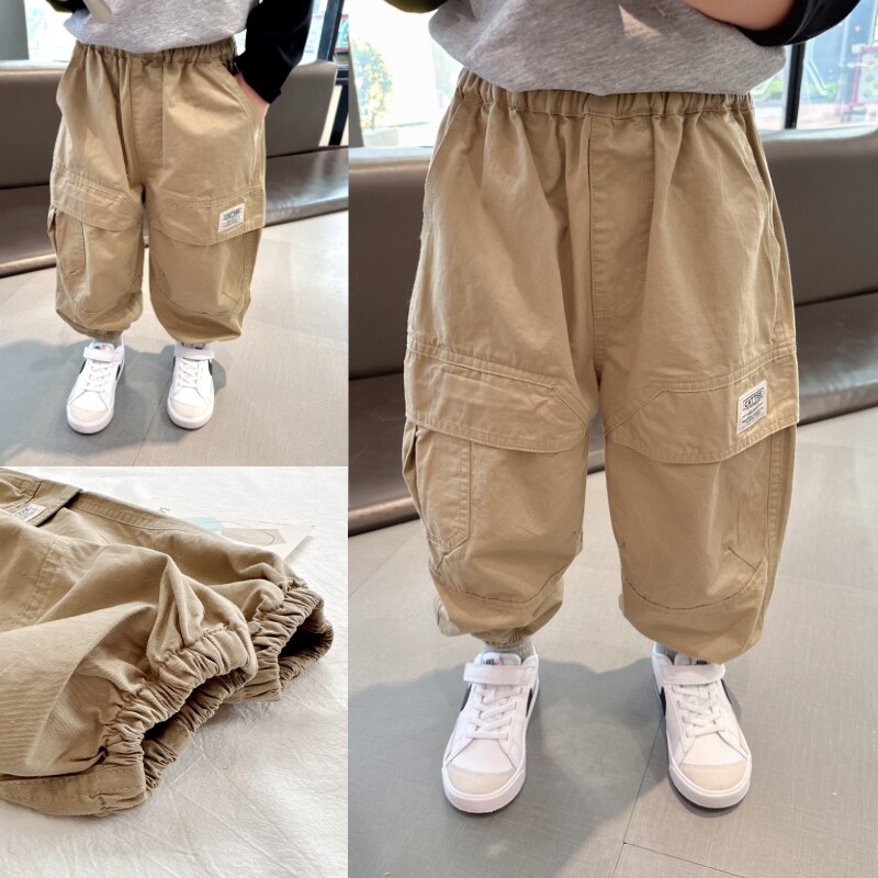巨百搭~男童收脚工装裤2023秋季新款中小童卡其色裤子宽松休闲裤
