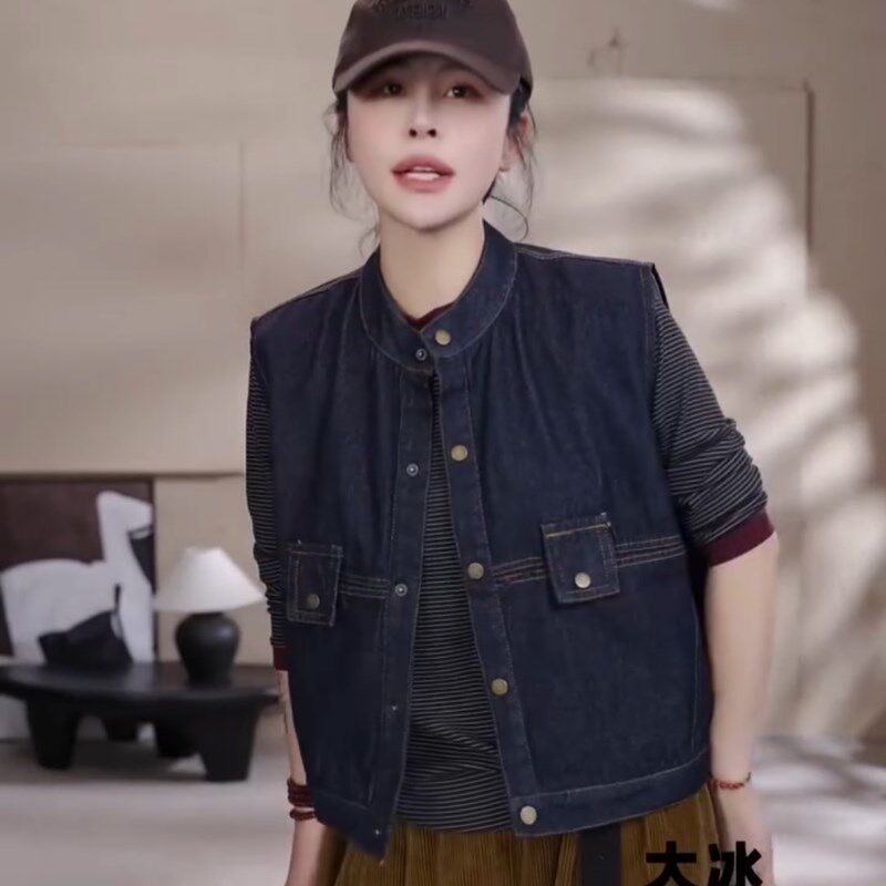 高级感洋气减龄无袖牛仔马甲背心外套女春秋叠穿外穿坎肩夹克上衣