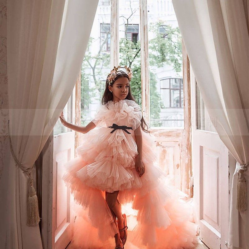 2021模特比赛新款儿童演出服女童前短后长T台走秀晚礼服蓬裙拖尾