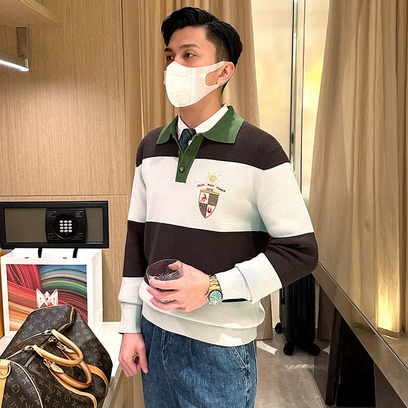 轻熟青年时尚拼色翻领毛衣男款冬季奢华图案刺绣加厚保暖针织衫男
