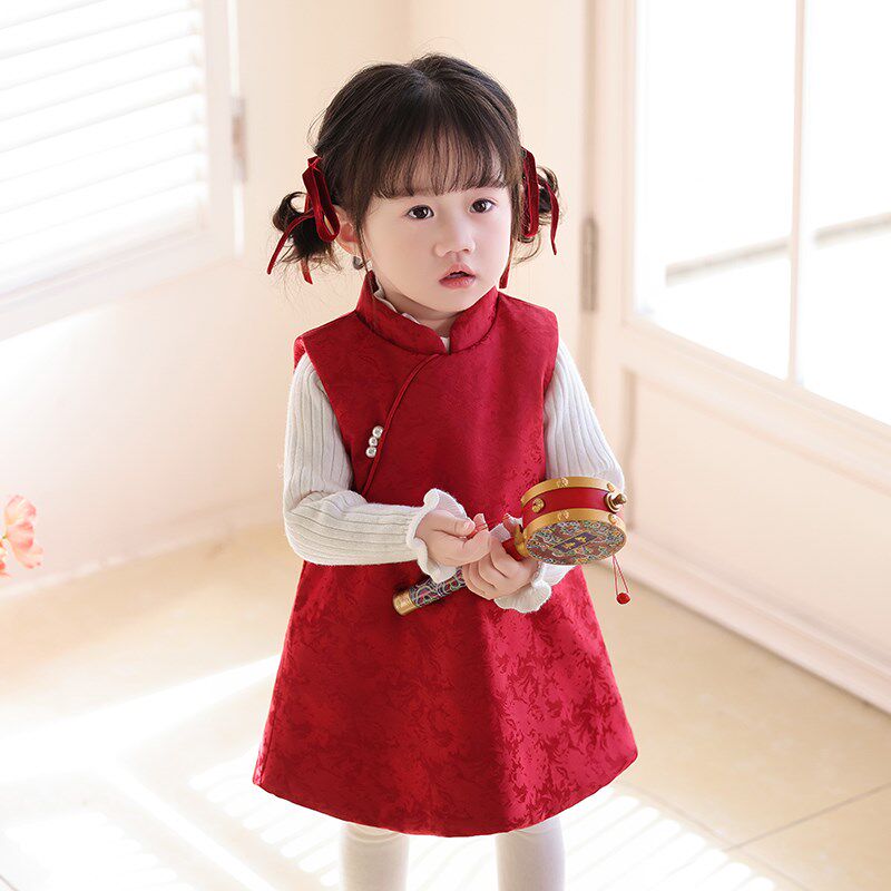 宝宝周岁礼服秋冬女童连衣裙红色套装公主裙马甲两件套儿童背心裙