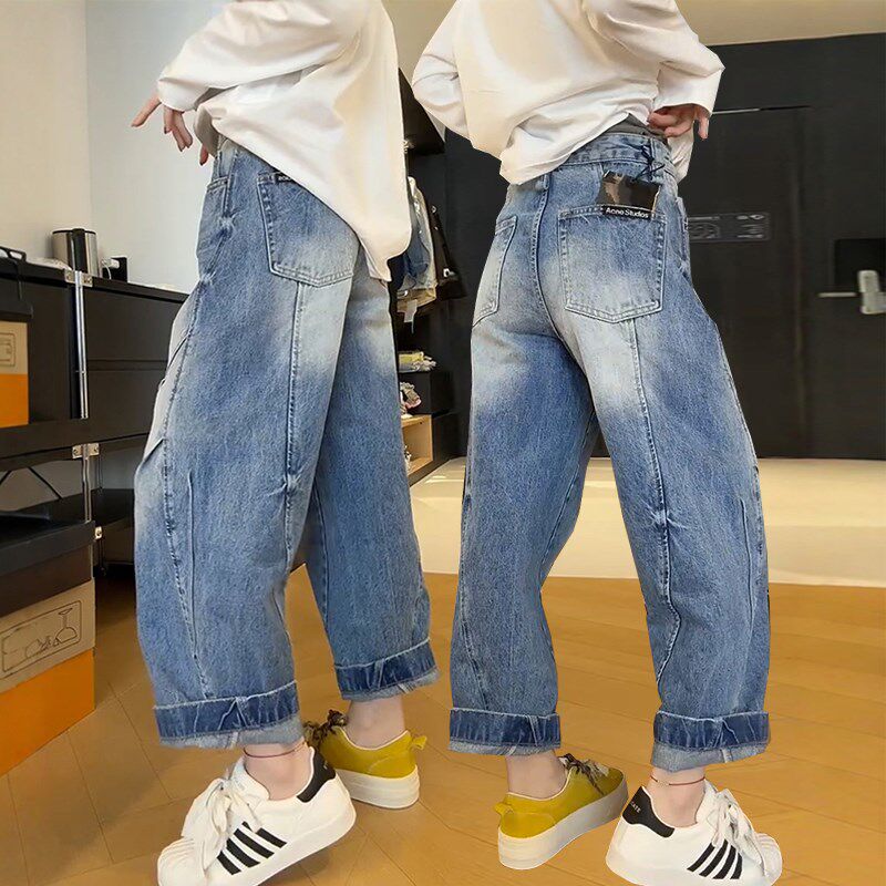 梨型身材弯刀牛仔裤女春夏新款高腰大码小个子直筒显瘦九分阔腿裤