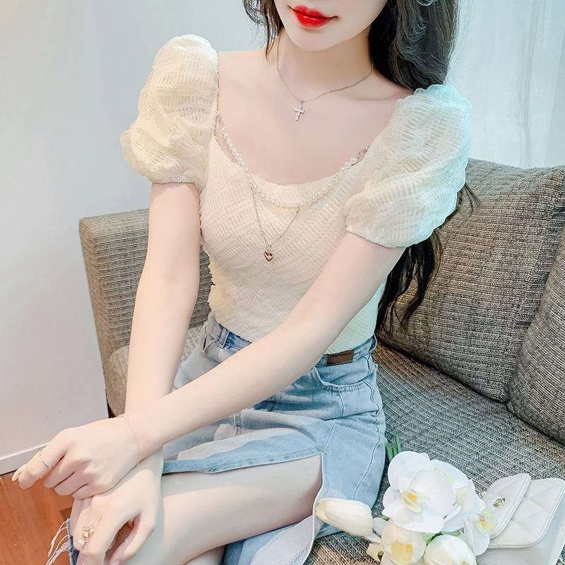 韩版修身显瘦T恤女2025新款夏季蕾丝泡泡袖上衣小众设计感短袖潮