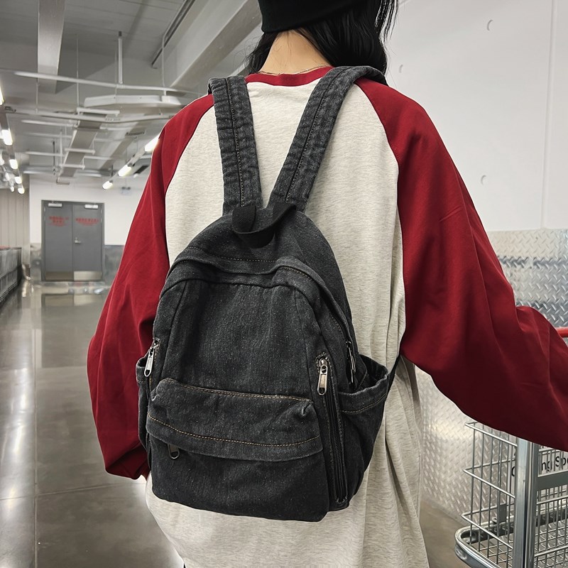 牛仔布双肩包男2024新款韩版百搭大容量背包女复古休闲旅行小书包