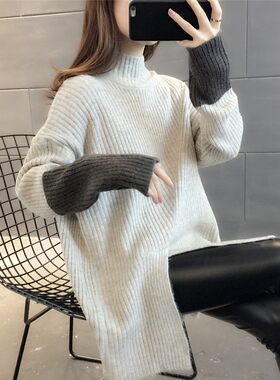 中长款毛衣女套头新款2021爆款红色毛衣女宽松外穿半高领针织衫女