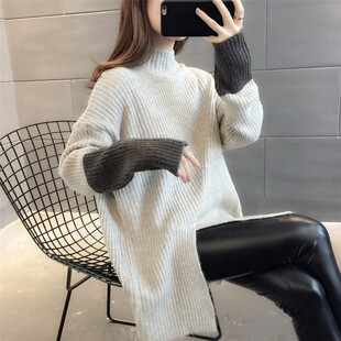 中长款毛衣女套头新款2021爆款红色毛衣女宽松外穿半高领针织衫女