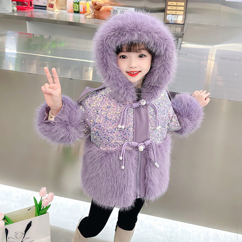 女童外套秋冬装2024新款高级感儿童装时髦衣服加绒加厚仿皮草大衣