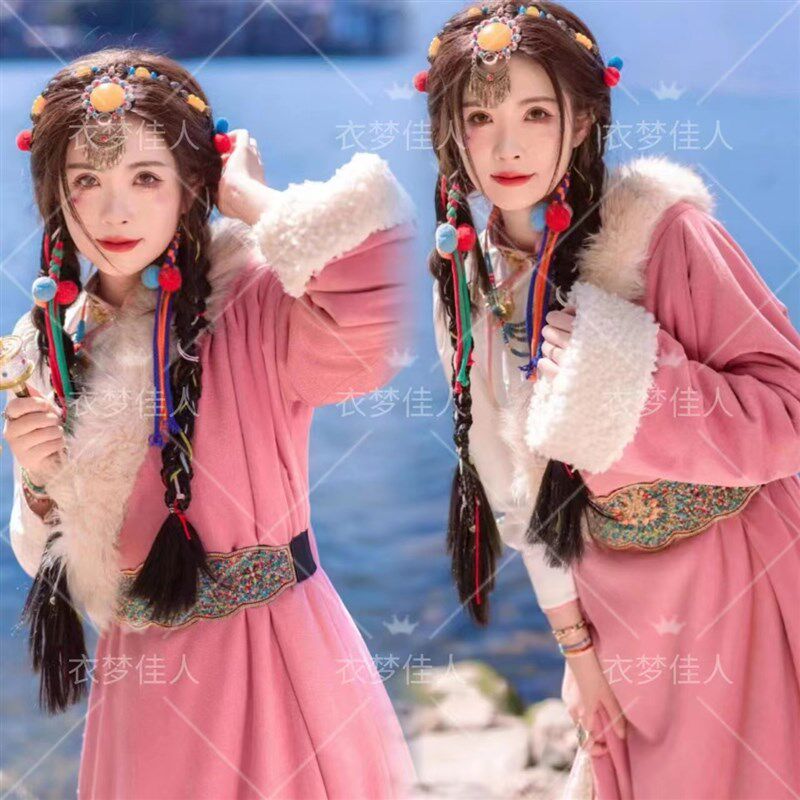 2023新款藏袍藏族服装女写真旅拍粉色毛领西藏民族风服饰藏裙长袍