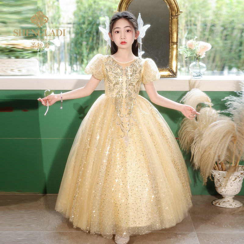 钢琴演奏礼服女童轻奢小众高端金色十岁生日晚礼服儿童主持人演出