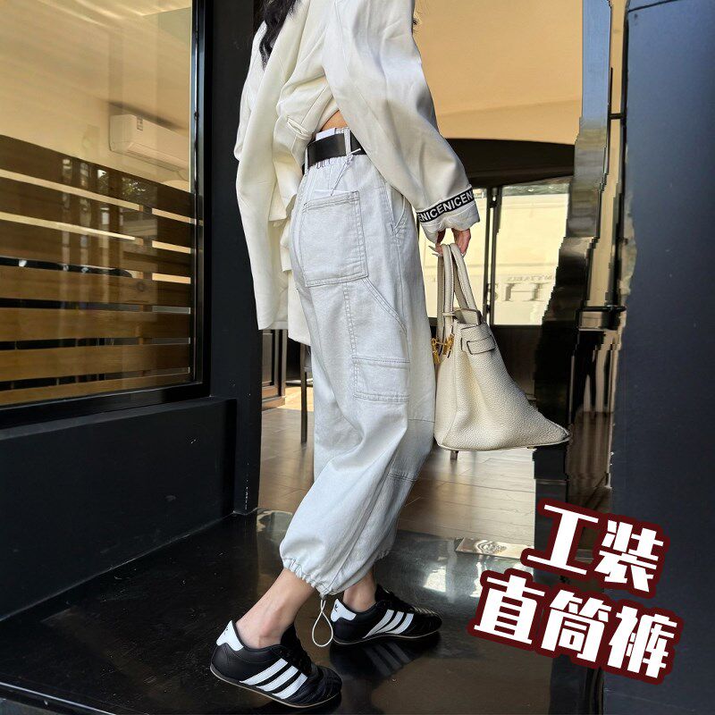 春季新款浅灰色阔腿牛仔裤女高腰显瘦九分小个子休闲直筒裤工装裤
