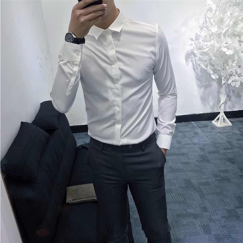 韩国新款时尚男士衬衫长袖韩版修身百搭青年纯色上班休闲衬衣潮