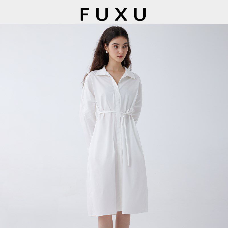 芙蕖FUXU  棉衬衫裙收腰显瘦长裙通勤简约设计感宽松长袖连衣裙子