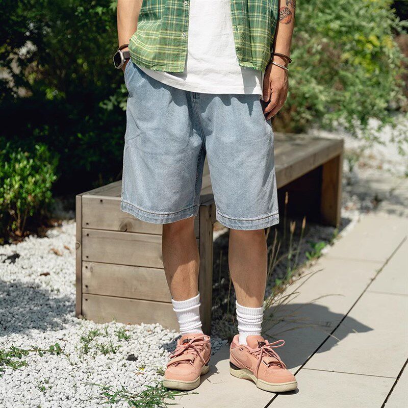 日系复古牛仔中裤男士夏季宽松重水大码短裤直筒百搭工装五分裤子